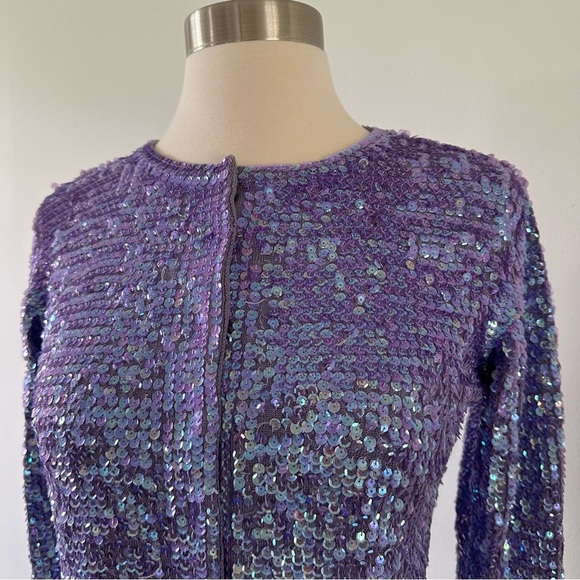 Bloomingdale’s  100% Silk Sequins Purple Cardigan Sweater - Picture 3 of 8